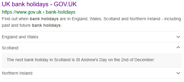 Screenshot of Google results page showing rich result for the GOV.UK bank holidays page.