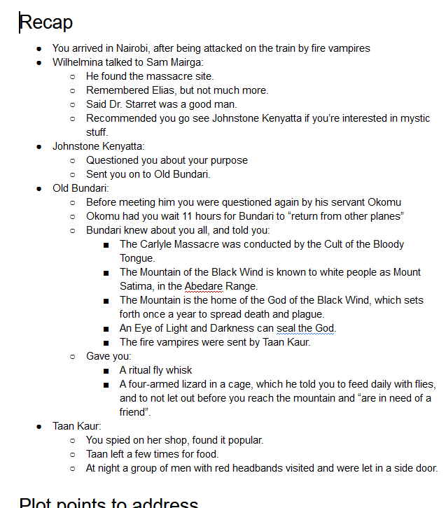 Excerpt of a Google Doc used for Call of Cthulhu session planning.