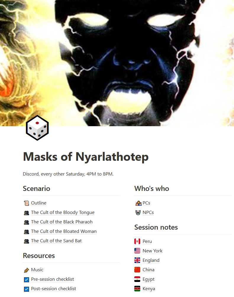 Screenshot of a Notion page with Masks of Nyarlathotep information.